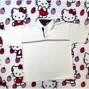 Tommy Hilfiger Vintage Polo‎ Shirt Mens Cream Striped Sleeve Pocket 90s